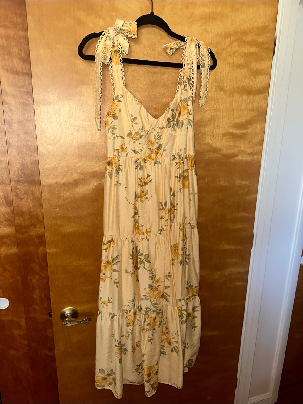 Blu Pepper Cream Floral Tie-Shoulder Maxi Dress with Yellow Blooms